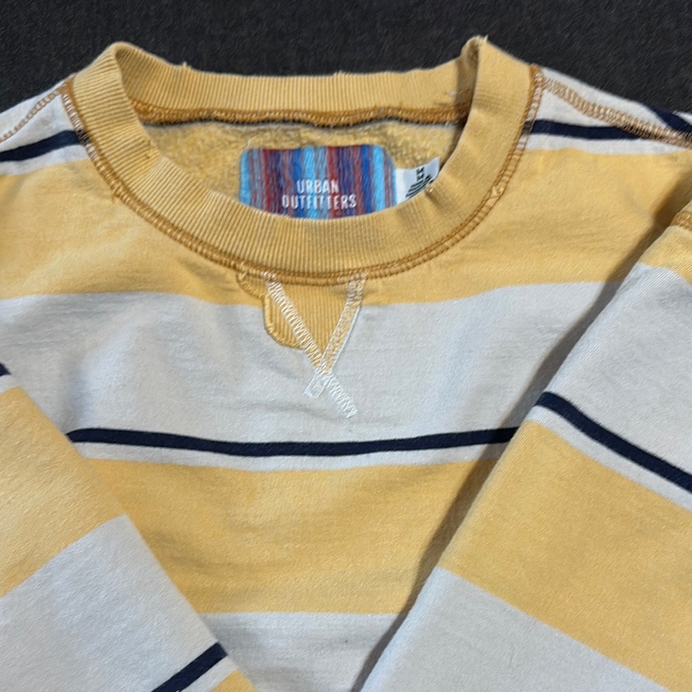 Urban Outfitters Men's Yellow and White Striped Crewneck Sweater